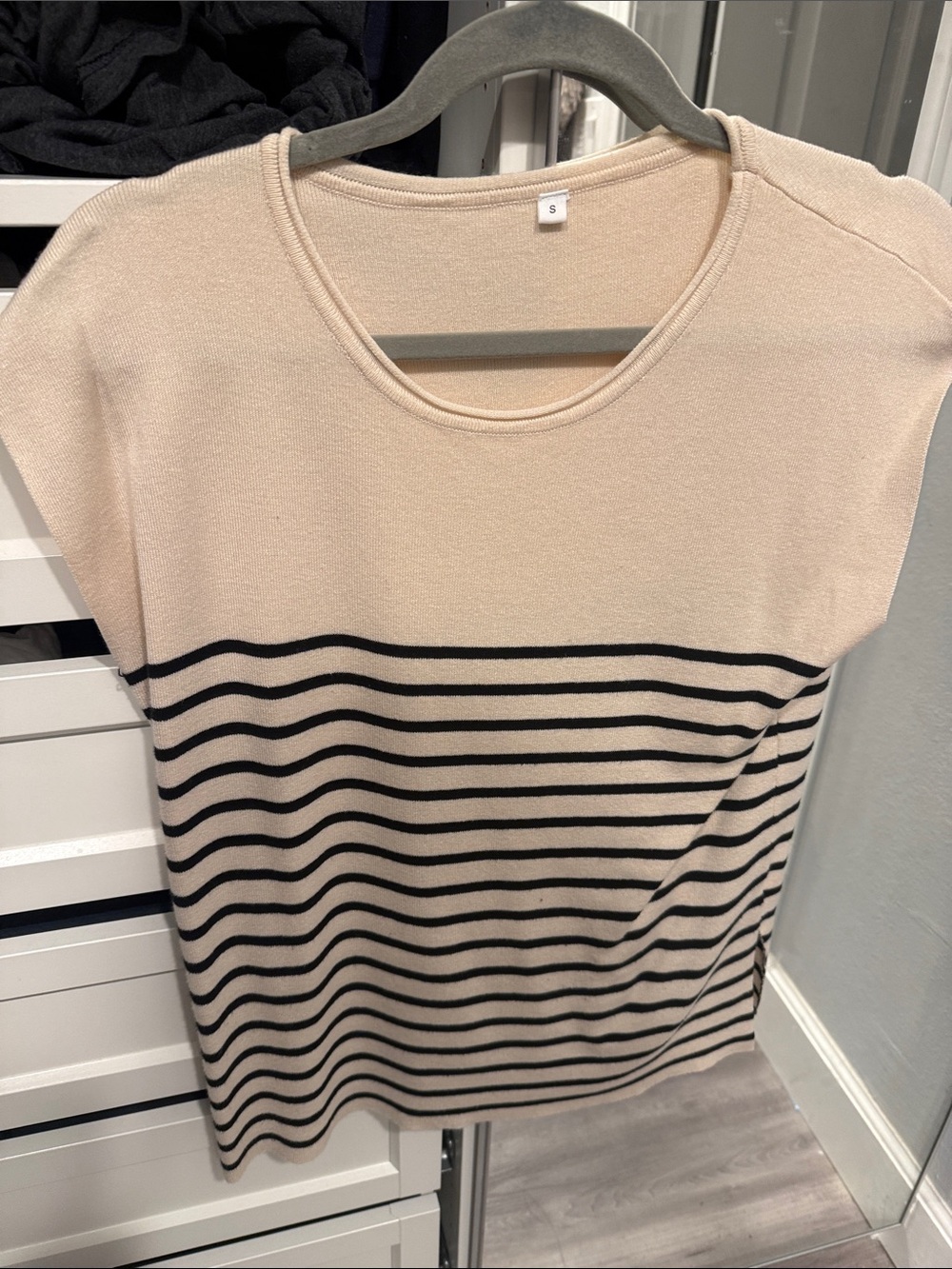 Striped Short-Sleeve Knit Top - Cream/Black